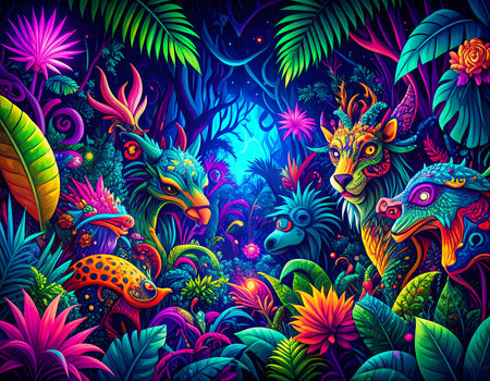 Magical fantasy jungle with neon glowing plant and colorful mythical creature. surreal, vibrant illustration of an enchanting forest at nightの素材