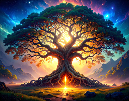 Majestic, glowing tree of life stands in fantasy landscape under celestial galaxy sky. ancient root shines with golden light and energyの素材