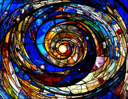 Hypnotic spiral swirl vortex of colorful stained glass. Abstract art light through window creates dynamic and spiritual mosaic patternの素材
