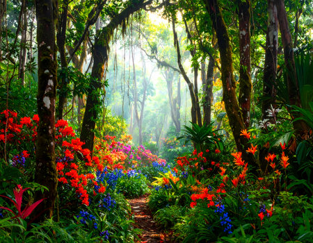 Magical forest path with vibrant colorful flower and lush green tree. Serene light shines through mystical jungle landscape backgroundの素材