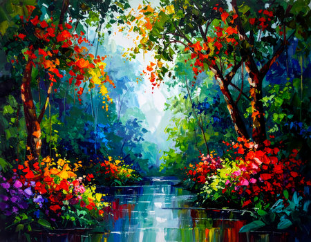 Serene oil painting of colorful forest river landscape. Vibrant flowers and trees create peaceful, beautiful, and dreamlike sceneの素材
