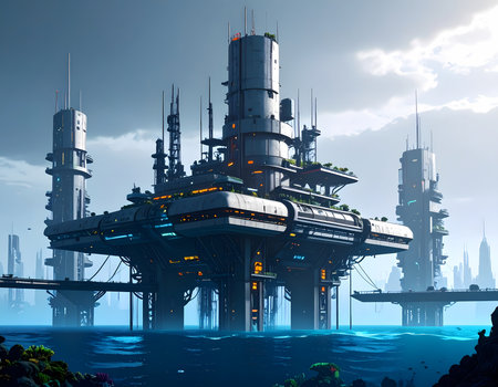 Awe inspiring futuristic offshore platform at sea. science fiction city with advanced technology and architecture rising above waterの素材