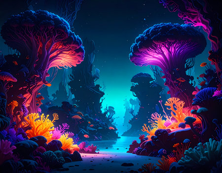 Mysterious glowing fantasy forest with magical mushroom and neon landscape. surreal underwater path at night feeling enchanting and dreamyの素材