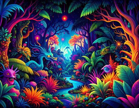 Vibrant fantasy jungle with glowing river and mystical dragon. Enchanted forest landscape at night with psychedelic plant and colorful lightの素材
