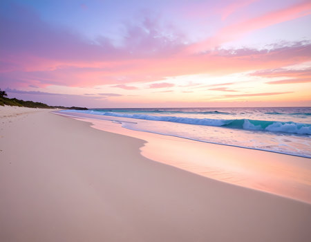 Tranquil pink sunset over beautiful beach. colorful ocean sky and sand create serene, peaceful scene along empty coastの素材