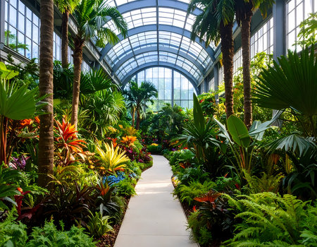 Serene pathway leads through lush tropical greenhouse garden. Vibrant green foliage and colorful plant create peaceful indoor nature escapeの素材