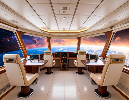 Awe inspiring interior of futuristic spaceship bridge with panoramic window view of planet from orbit at sunrise, creating serene sceneの素材