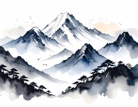 Traditional Asian ink wash painting of serene mountain landscape. Majestic snow peak rising above misty fog, cloud, and pine treeの素材