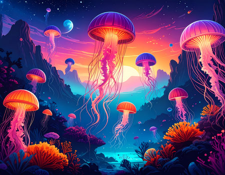 Magical glowing jellyfish float in surreal fantasy valley at sunset. This whimsical landscape features vibrant, colorful, and luminous worldの素材
