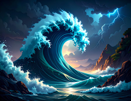 Dramatic large powerful ocean wave cresting during stormy sunset. Lightning flashes in dark sky above turbulent sea and coastの素材