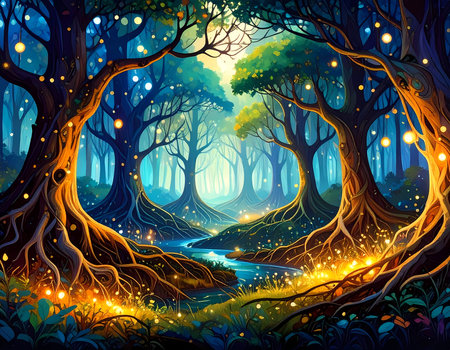 Magical forest with glowing light and enchanted tree. fantasy river flows through mysterious, whimsical landscape creating serene moodの素材