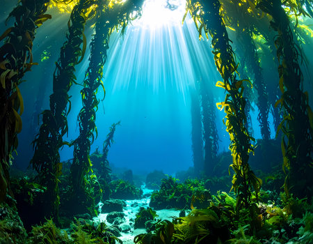 Serene underwater kelp forest with sunbeam light ray in deep blue ocean water. peaceful marine scene showing aquatic plant and nature lifeの素材