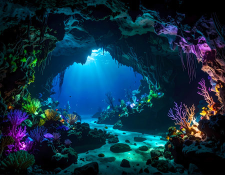 Magical underwater cave with colorful coral reef and sunbeam. serene grotto scene with blue water, light ray and mysterious feelingの素材