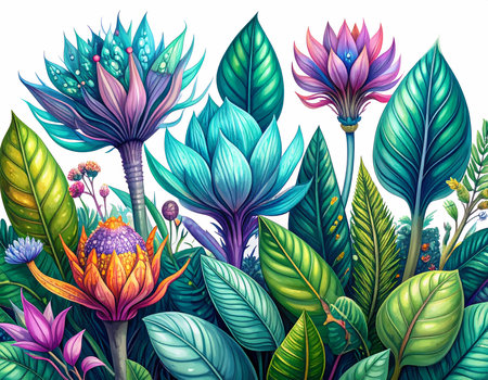 Vibrant colorful illustration of exotic fantasy flower and leaf. magical botanical plant arrangement an isolated white background, feeling lushの素材