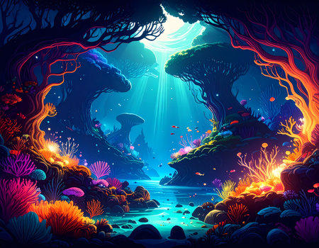 Magical underwater fantasy landscape in glowing grotto cave. Colorful, vibrant coral reef and surreal water create wondrous, serene moodの素材