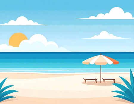 Peaceful summer beach scene with an umbrella on sand. ocean under sunny sky creates relaxing vacation travel background illustrationの素材
