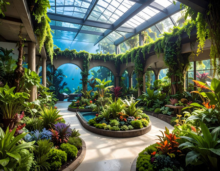 Tranquil indoor garden in greenhouse with lush green plant, arch, and large aquarium. sunlit botanical conservatory feels sereneの素材