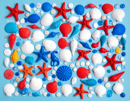 Playful summer pattern of red, white, and blue seashell and starfish toys on light blue background. fun flat lay concept for vacationの素材
