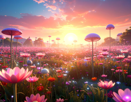 Dreamy fantasy landscape of magical field with glowing pink flower and mushroom at sunset. beautiful and serene nature backgroundの素材
