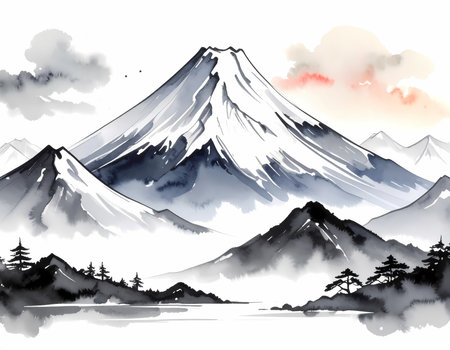 Serene ink painting of Fuji mountain, Japan landscape with snow peak. tranquil watercolor nature scene with cloud, water and reflectionの素材