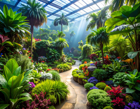 Serene beautiful garden with lush tropical plant and flower inside glass greenhouse. stone path winds through landscape lit by sunbeamの素材