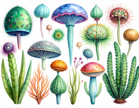 Whimsical watercolor illustration collection of fantasy mushroom and plant fungus. Magical and colorful surreal botanical art for creative designの素材