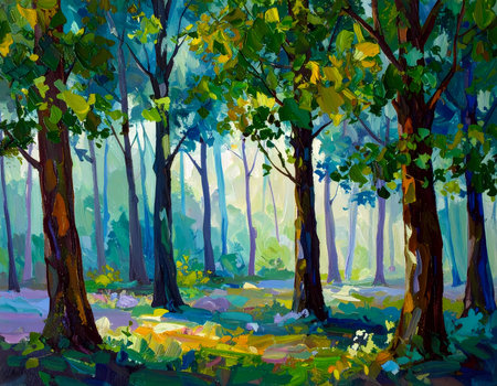 Serene impressionism painting of forest landscape with vibrant light. Sunlight streams through colorful trees in this peaceful nature artworkの素材