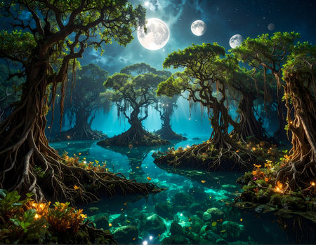 Magical fantasy landscape at night features glowing river flowing through an enchanted forest under bright moon, creating mysterious sceneの素材
