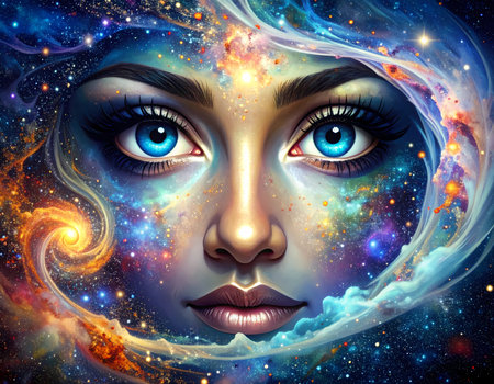 Serene woman face with blue eye emerges from cosmic universe of galaxy and star. spiritual fantasy illustration of creation and consciousnessの素材