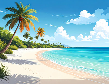 Serene tropical beach with palm tree on white sand. peaceful ocean meets blue sky, perfect for summer vacation getawayの素材