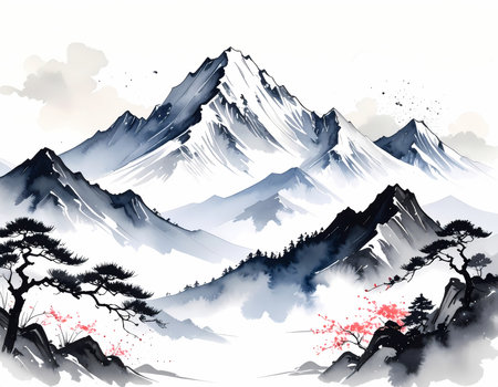 Serene Asian ink wash painting of snowy mountain landscape. traditional sumi e illustration with pine tree, fog, and tranquil natureの素材
