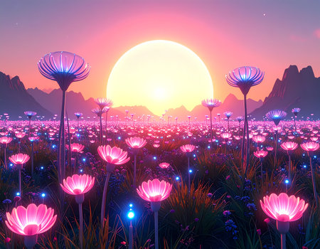 Serene fantasy landscape showing field of magical glowing pink flower at sunset. An otherworldly scene with mountain for dreamlike moodの素材