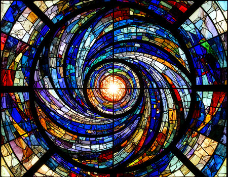 Mesmerizing spiral of colorful stained glass window with divine light at its center. This abstract church art evokes spiritual feelingの素材