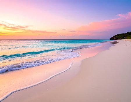 Calm tropical beach with pink sand and sea wave at beautiful sunset. serene seascape view of sky and coast for peaceful vacationの素材