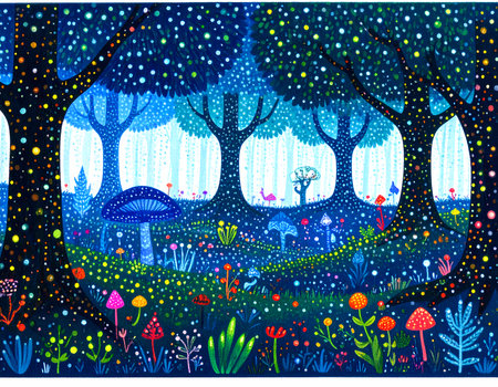 Whimsical magic fantasy forest illustration at night. Enchanting trees, glowing mushroom and vibrant flower create magical landscape sceneの素材