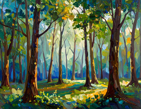 Serene green forest landscape painting with sunlight filtering through trees. Scenic nature art creating peaceful and calm outdoor viewの素材