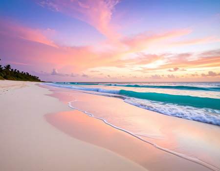 Tranquil tropical beach at sunset with colorful sky and ocean wave on sand. beautiful, serene landscape and coastline for travelの素材