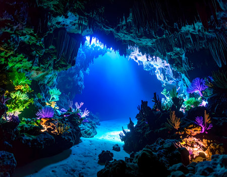 Magical underwater cave with colorful coral reef and beautiful blue light. serene and mysterious deep sea grotto background perfect for wonderの素材