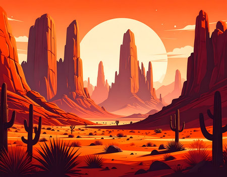Serene desert landscape illustration with big sun over rock mountain formations. scenic valley with orange cactus during sunset or sunriseの素材