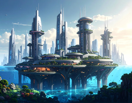 Awe inspiring futuristic city with sustainable architecture and modern building on ocean. serene urban vision of future utopiaの素材