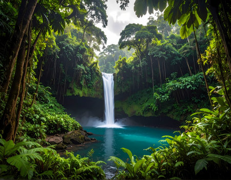 Serene beautiful waterfall in tropical jungle. majestic nature landscape in rainforest with lush green foliage and turquoise waterの素材