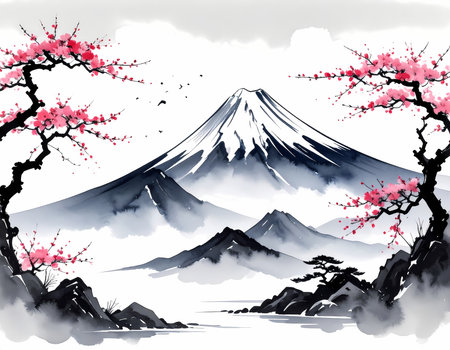 Serene painting of Japanese mountain landscape with volcano. Traditional ink wash art features cherry blossom sakura trees in peaceful sceneの素材
