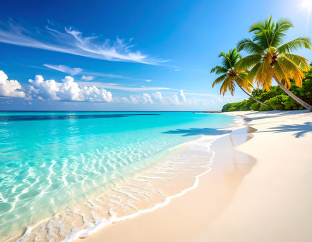 Serene tropical beach paradise with palm tree, white sand and turquoise ocean water under sunny blue sky. Peaceful summer vacation getawayの素材