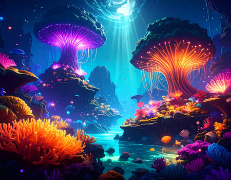 Wondrous glowing mushroom forest in fantasy underwater landscape. Magical bioluminescent light creates surreal and enchanting sceneの素材