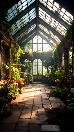 Serene, peaceful view down sunlit path inside beautiful greenhouse full of lush plant and flower with light streaming from windowの素材