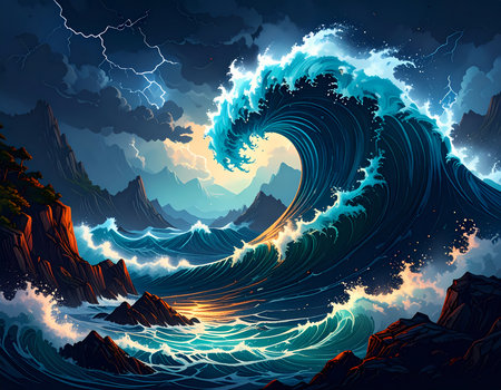 Powerful dramatic ocean storm with huge wave crashing against rocky coast. Lightning illuminates turbulent water and dark skyの素材