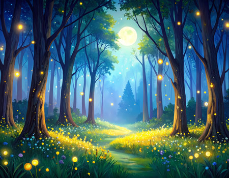 Magical glowing forest at night with full moon and firefly. serene path leads through meadow of wildflower under blue night skyの素材