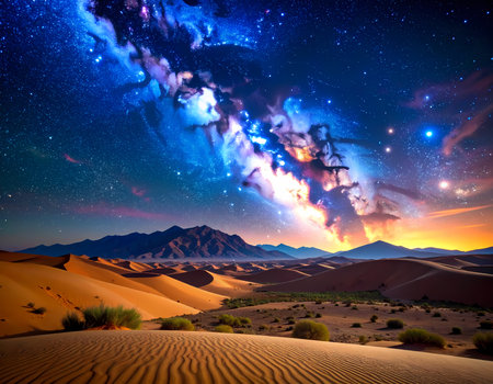 Majestic night sky with colorful galaxy and star over vast desert mountain landscape. scene inspiring awe and serene wonderの素材