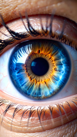Beautiful macro close up human eye showing intense, focused vision. Colorful blue yellow iris, clear pupil and detailed eyelashの素材