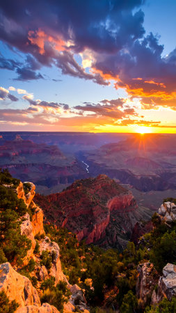 Breathtaking Grand Canyon sunset view from mountain peak. Beautiful scenic landscape of Arizona nature with dramatic colorful skyの素材